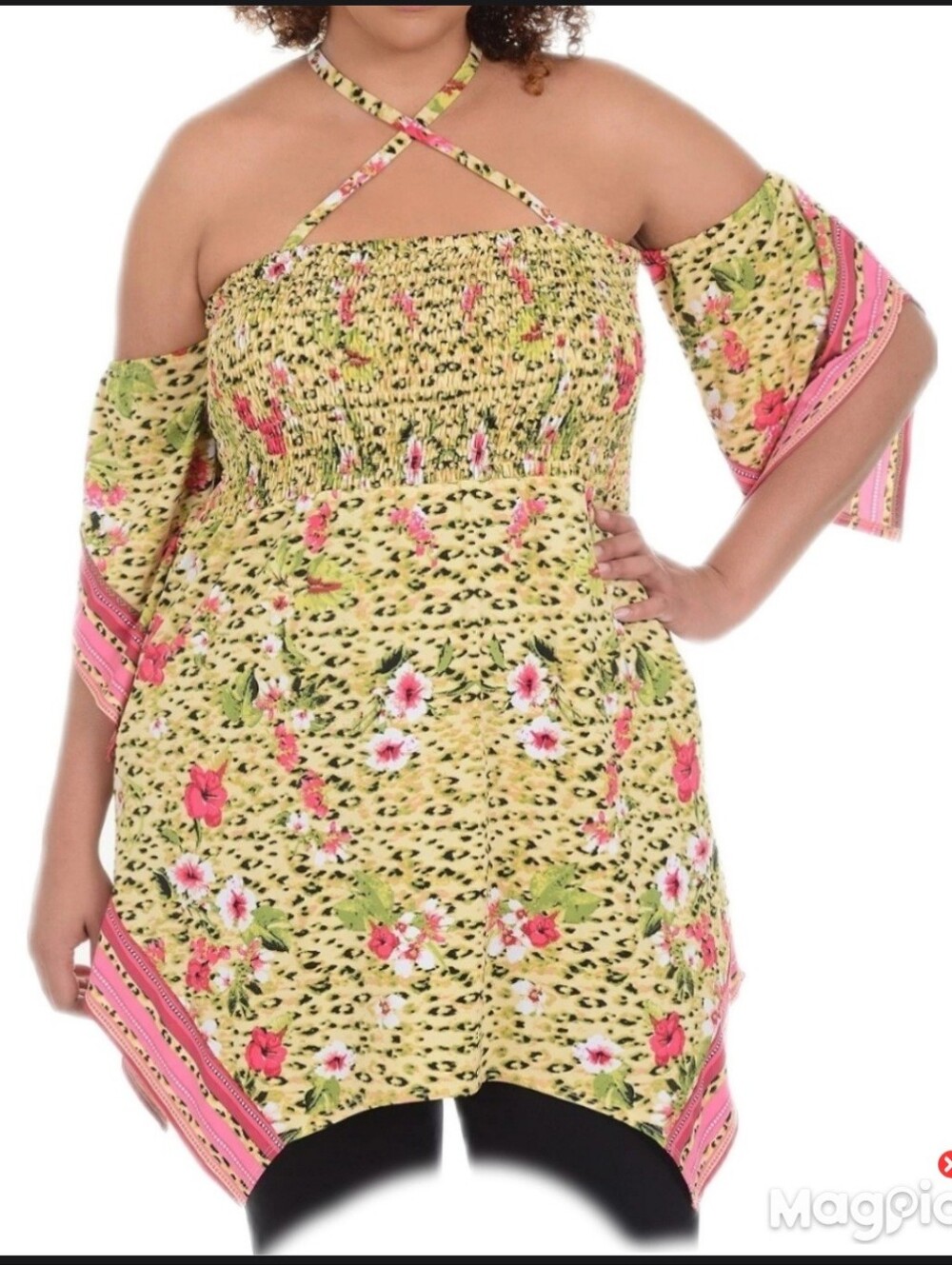 NY Collection Strappy Scarf Sleeve Smocked Babydoll Tunic Yellow Floral 1X NWT